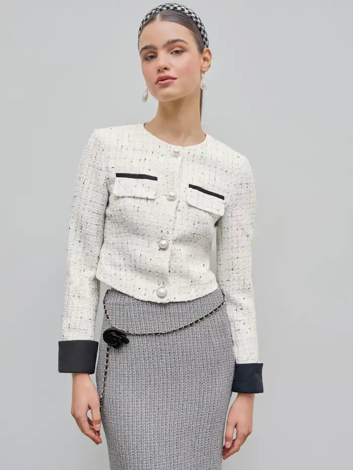 Tweed Round Neckline Faux Pearl Jacket