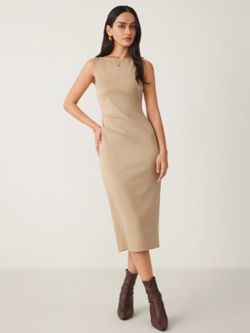 Jersey Solid Sleeveless Zipper Midi Dress