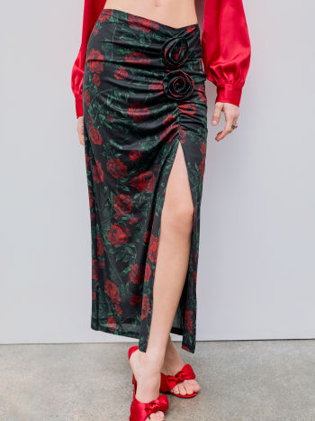 Mesh Mid Rise Floral Split Maxi Skirt