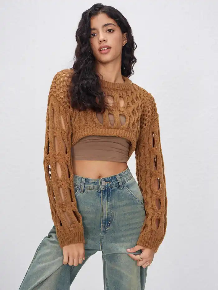 Knit Round Neckline Hollow Out Long Sleeve Crop Top