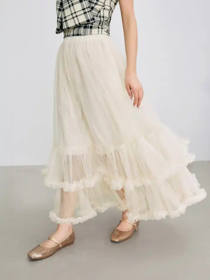 Mesh Mid Rise Layered Tulle Ruffle Hem Solid Maxi Skirt