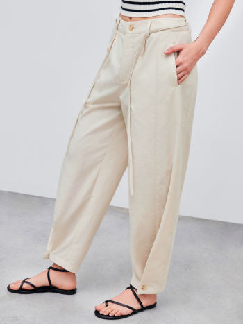 Linen-blend Mid Rise Solid Barrel-leg Trousers