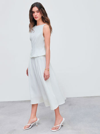 Woven Boat Neck Solid Tank Top & Mid Rise Midi Skirt