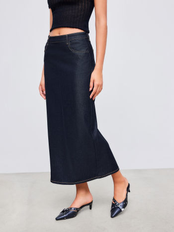 Denim Mid Rise Solid Split Pocket Maxi Skirt