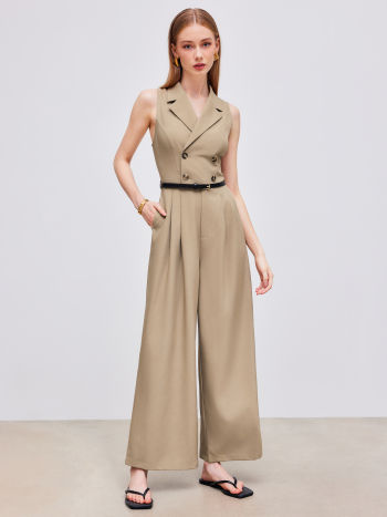 Collar Solid Button Jumpsuit With Belt