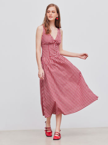 100% Cotton V-neck Gingham Knotted Maxi Dress