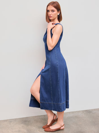 Denim Boat Neckline Solid Split Maxi Dress