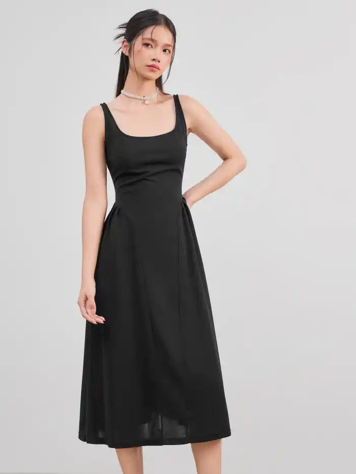 Woven Square Neck Solid Midi Dress