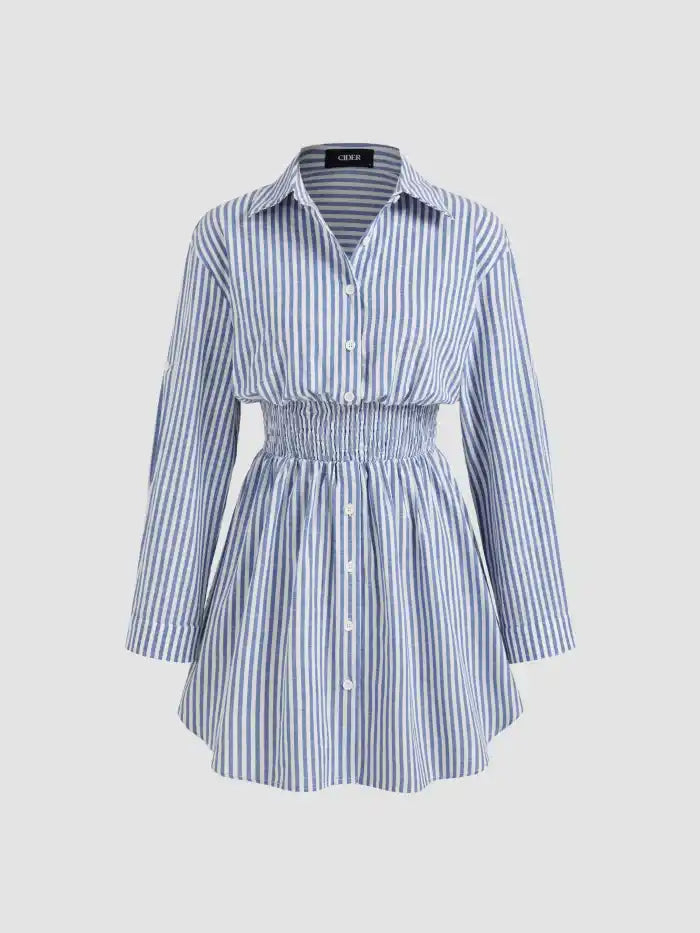 Cotton-blend Collar Striped Shirred Button Mini Shirt Dress