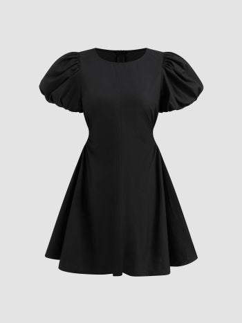 100% Cotton Round Neckline Solid Ruched Puff Sleeve Mini Dress