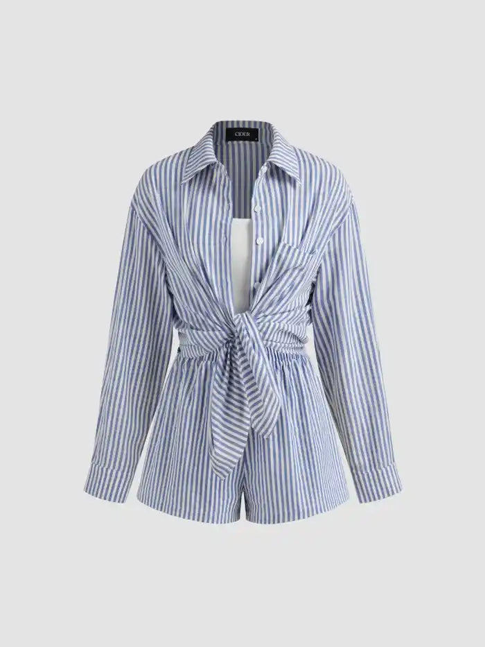 Cotton-blend Polo Striped Pocket Button Long Sleeve Shirt & Solid Cami Top With Striped Wide Leg Shorts Set