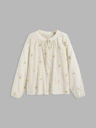 100% Cotton Round Neckline Floral Button Knotted Long Sleeve Blouse