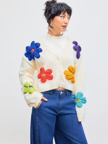 Knit V-neck Floral Button Cardigan