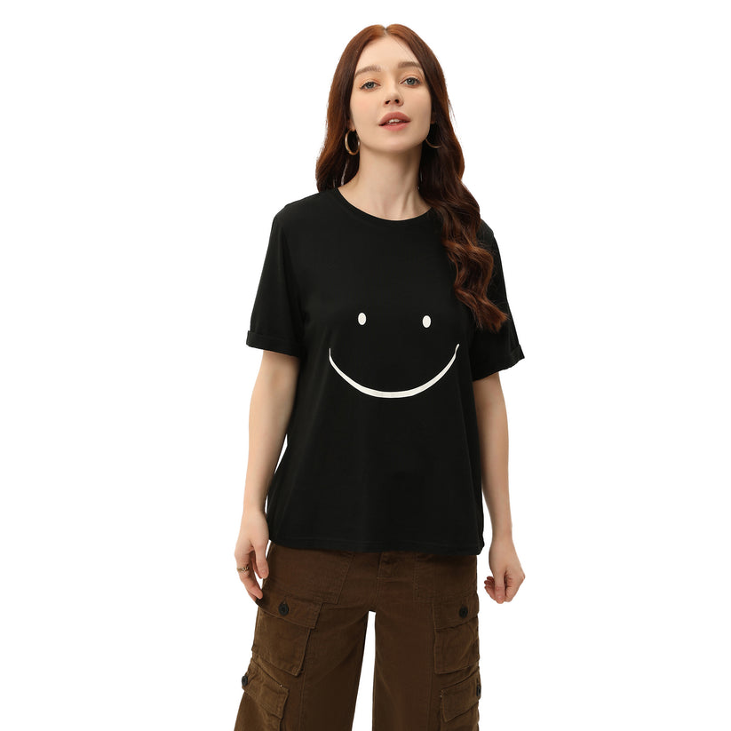 Smile Pattern Rolled Short Sleeve Top