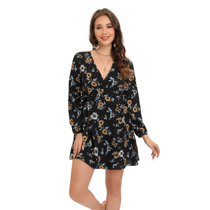 Floral Cross Wrap Deep V Neck Mini Dress