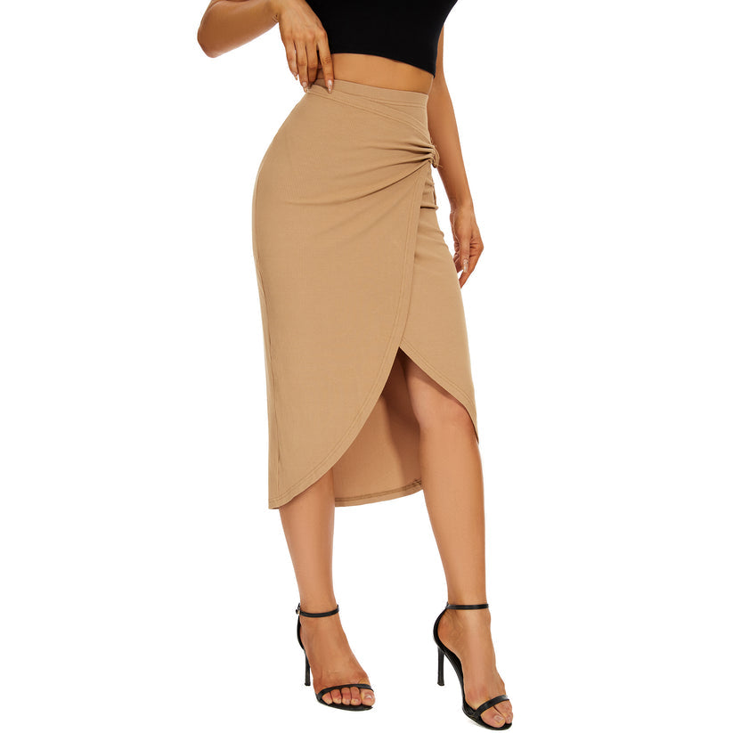 Solid Drawstring Asymmetrical Hem Knit Skirt