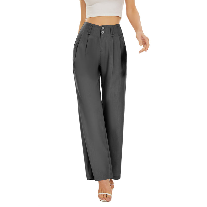 Grey Pleated Wide Leg High Waist Pants