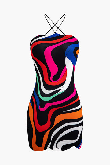 Abstract Print Cross Strap Mini Dress