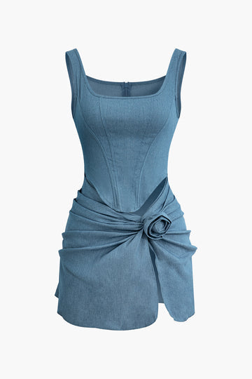 3D Flower Ruched Tank Denim Dress